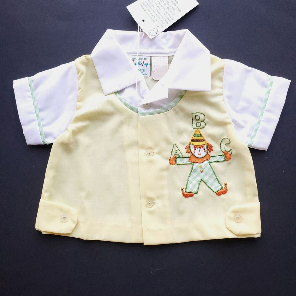 Vintage Baby Shirt 0-6m Clown ABC Yellow White Short Sleeve Cradle Togs NWT